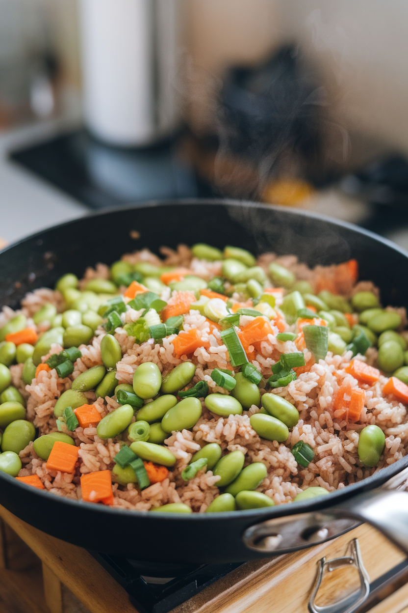 Indoor photo of a skillet filled with brown rice, shelled edamame, diced carrots, and green onions stir-fried with a soy-garlic glaze. Steam visible, no logos or text.