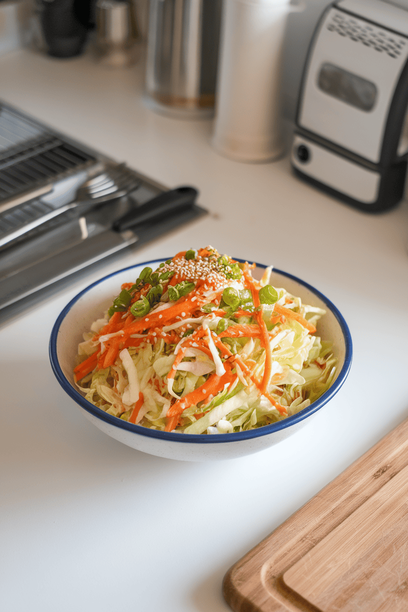 An indoor kitchen counter with a salad bowl of shredded cabbage, carrots, and green onions coated in a sesame ginger dressing, sesame seeds sprinkled on top. No text or logos; photo.