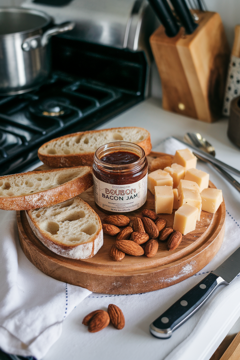 Indoor kitchen scene showing a wooden board with a jar of glossy bourbon bacon jam, toasted baguette slices, smoked almonds, and sharp provolone cubes. No text or logos. Photo only.