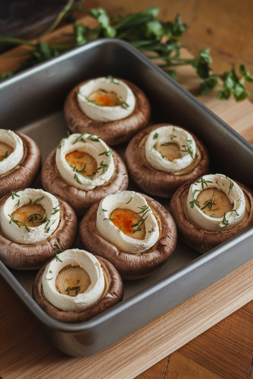 Indoor baking dish of mushroom caps overflowing with herbed cream cheese faces resembling the famous “Scream” painting. Photo, no text or logos.