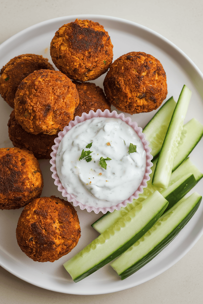 Indoor tabletop photo of baked falafel balls, a dollop of tzatziki in a silicone cup, and cucumber spears, no text or logos.