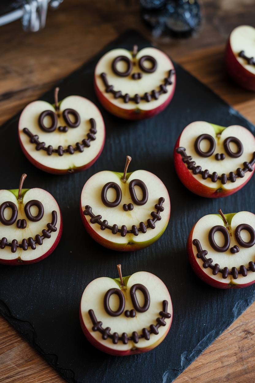 A black slate indoors with round apple slices, each piped with dark chocolate lines to form Jack Skellington faces. No text or logos.
