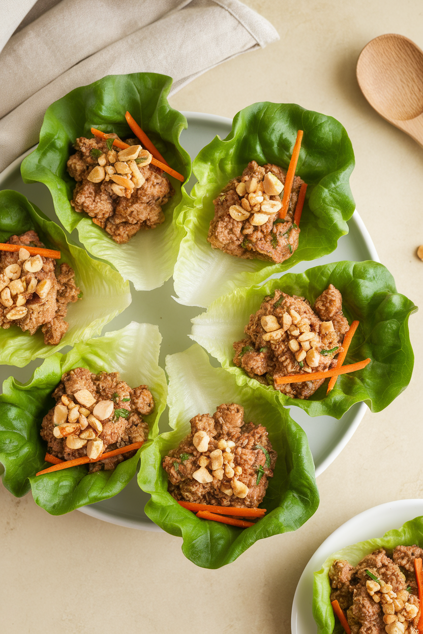 An indoor table with crisp lettuce cups filled with Thai basil seasoned ground turkey, shredded carrots, and chopped peanuts. No text or logos; photo only.