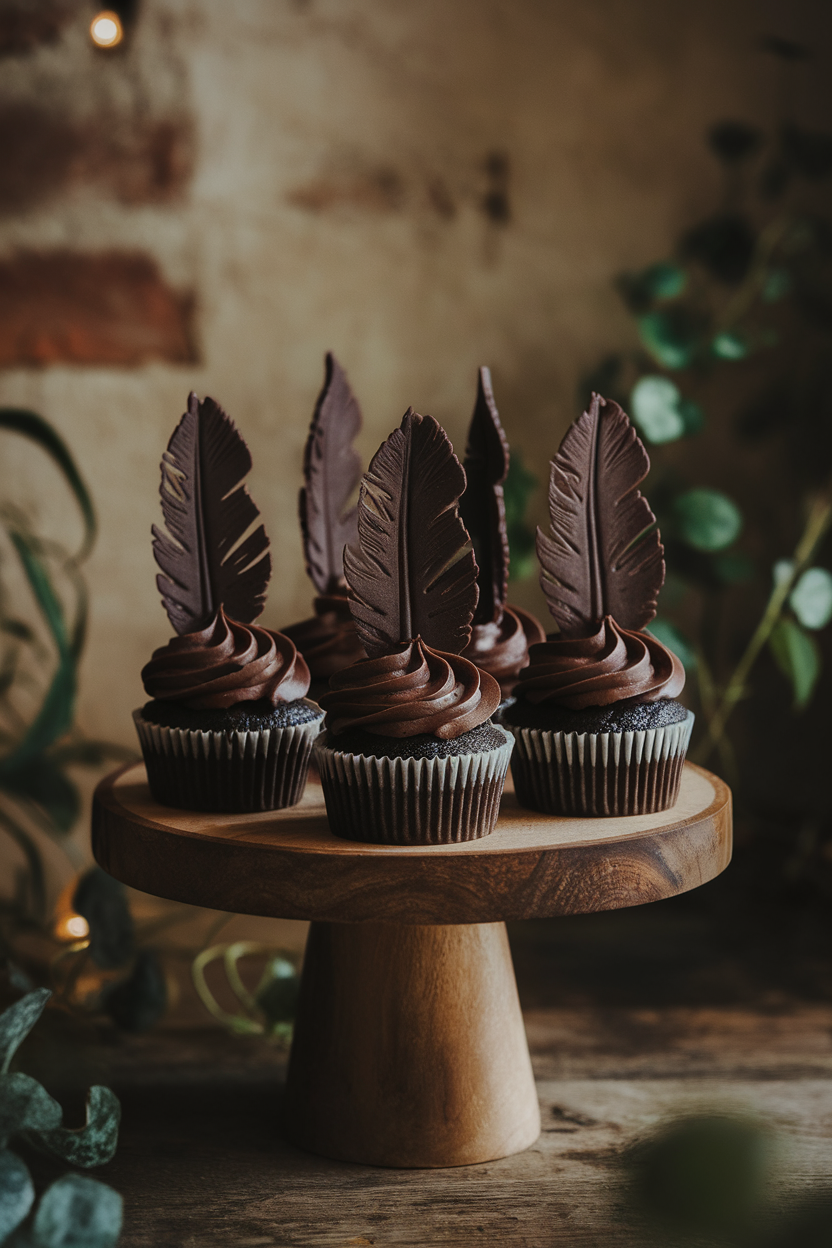 Indoor moody lighting over espresso cupcakes with black cocoa frosting sculpted into feather shapes, no text or logos.