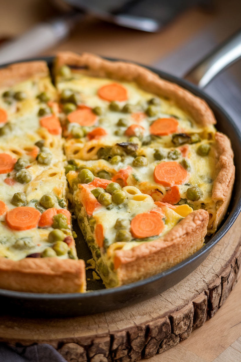 Indoor photo of a round frittata studded with leftover penne, peas, and carrots, cut into pie-style wedges. No text or logos.
