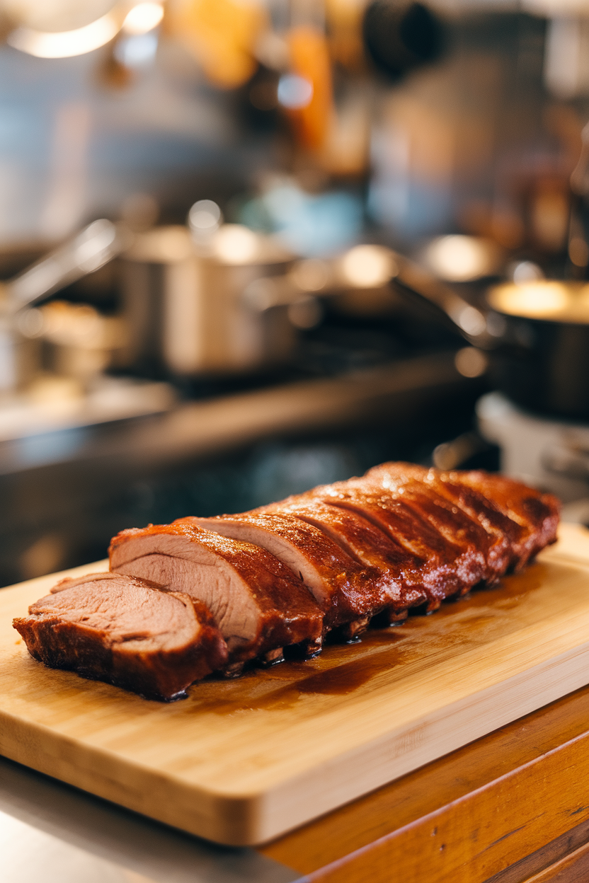 Indoor cutting board holding a rack of glazed, cooked pork ribs sliced into portions, sauce glistening under warm light, no text or logos. Photo.