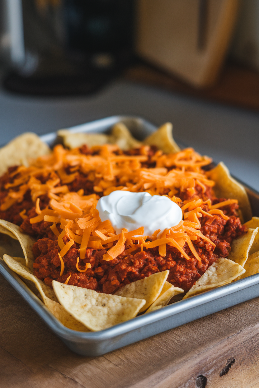 Indoor photo of a small sheet pan filled with tortilla chips topped with warmed chili, melted cheddar, and a spoonful of sour cream. No text or logos.
