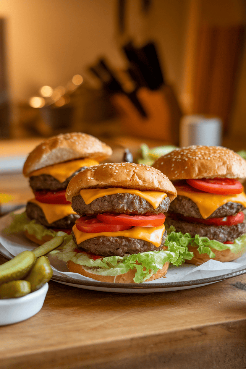 A warmly lit indoor kitchen counter displaying a platter of cooked beef burgers stacked on sesame buns with crisp lettuce, tomato slices, and melted cheddar; a small dish of pickles sits nearby. No text or logos anywhere in the scene; photo, not illustration.