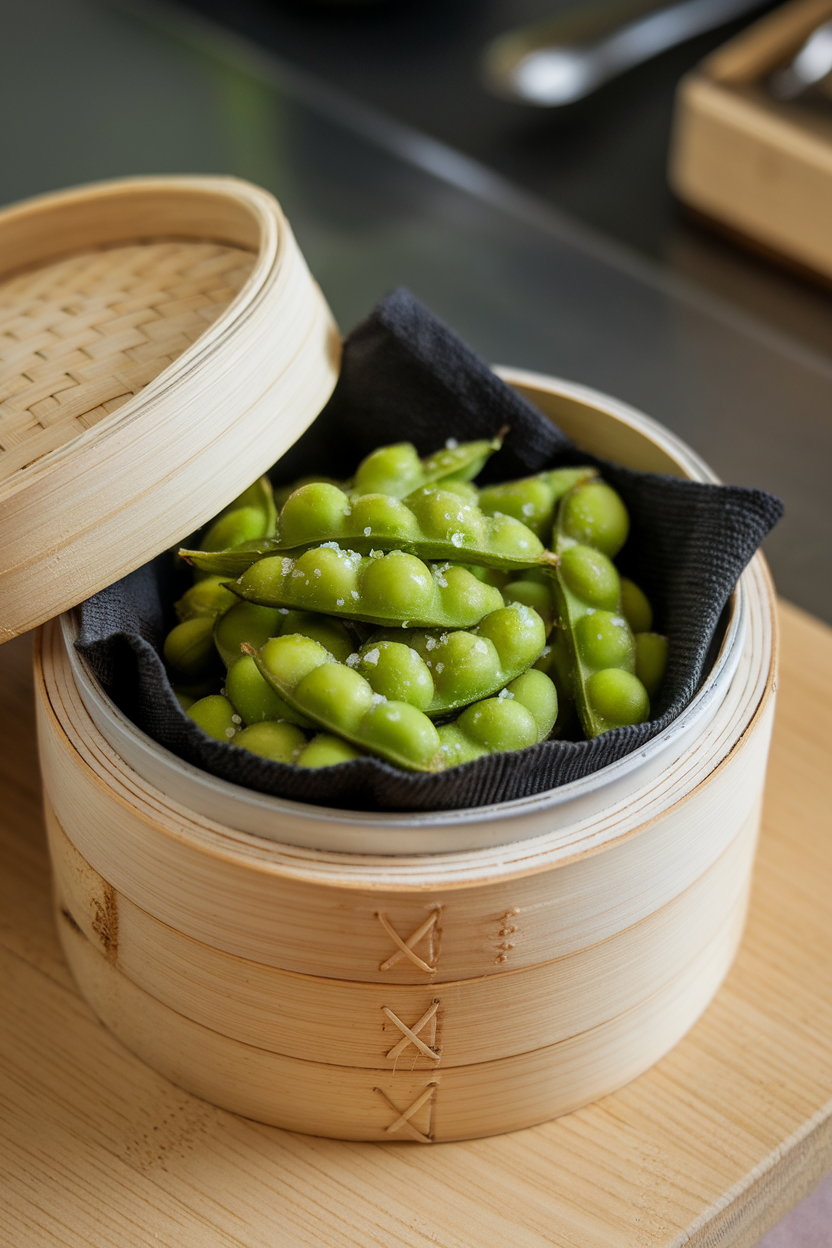 Indoor bamboo steamer basket lined with black napkin holding bright green salted edamame pods. Photo, no text or logos.