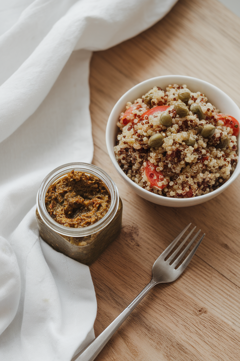 Indoor tabletop with a small jar of tapenade beside a bowl of quinoa salad dotted with capers and tomatoes; no text or logos.