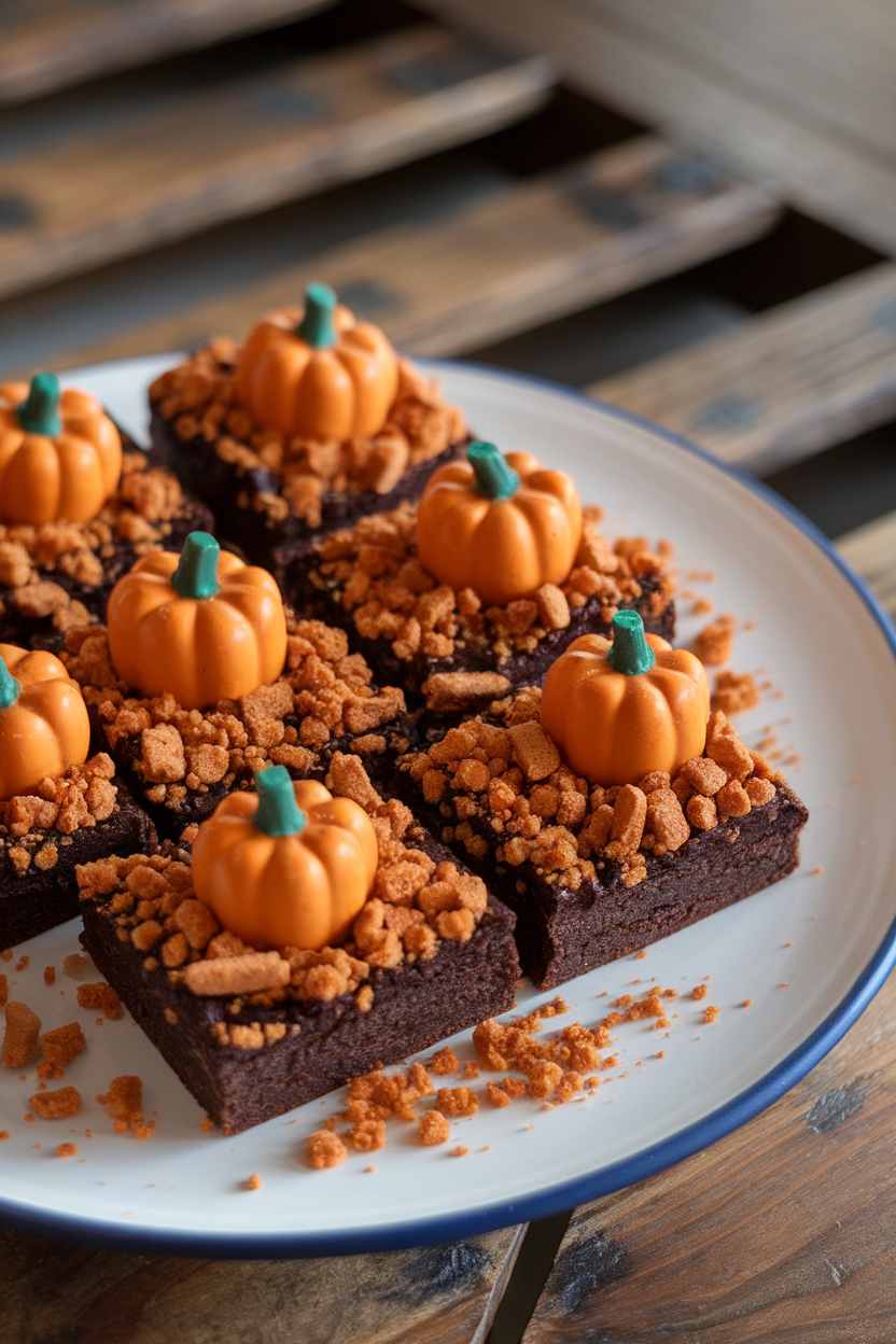Indoor shot of brownies topped with crushed gingersnap “soil” and miniature candy pumpkins dotted across the surface; no text or logos