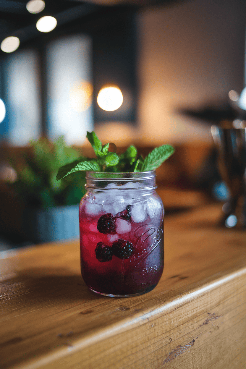 Indoor cocktail lounge scene featuring a mason jar of muddled blackberry and mint cocktail, dark purple in color, crushed ice mounded on top; no text or logos, photo.