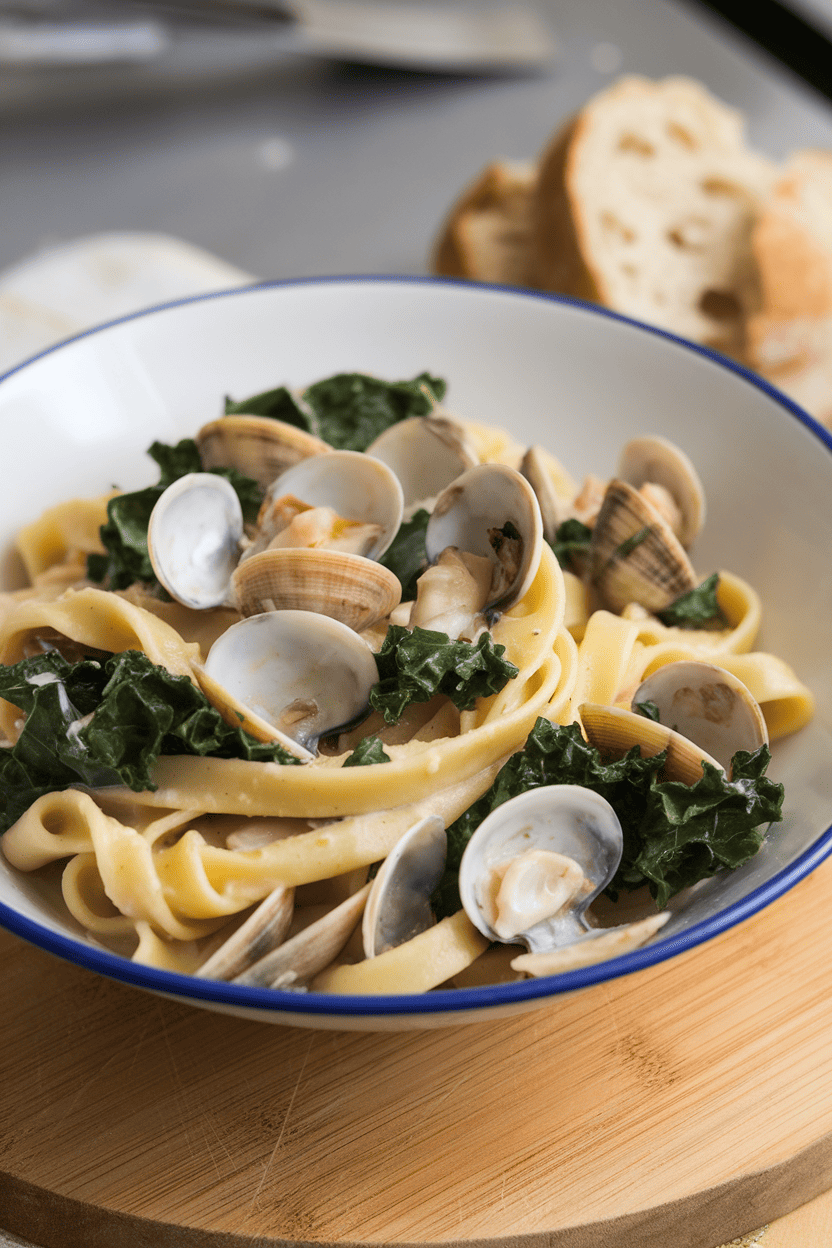 Indoor pasta bowl of linguine mixed with shelled clams, sautéed kale, and a light white wine sauce. No logos or text, photo only.