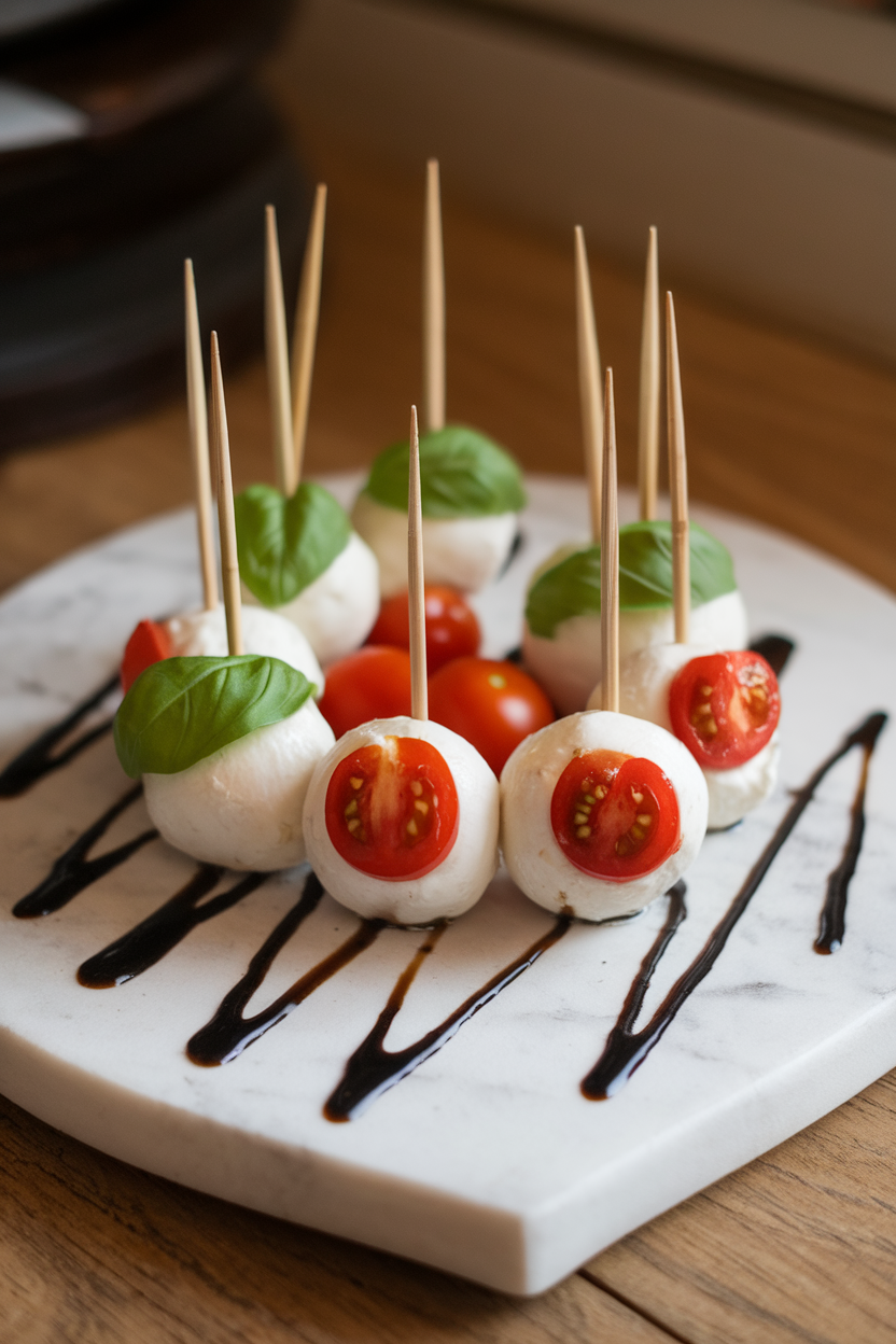 Short bamboo picks holding mozzarella balls, basil leaves, and cherry tomato halves arranged like eyeballs, set on a marble tray indoors. Photo, no text or logos.
