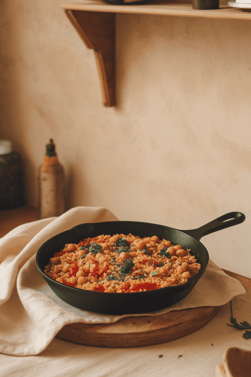 Warm indoor dining scene showing a skillet of bulgur wheat simmered with tomato, chickpeas, and herbs, sprinkled with parsley. No text or logos present. Photo, not illustration.