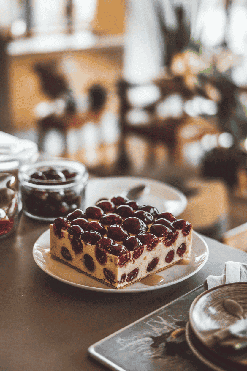 A cozy indoor counter featuring a square of almond cake studded with whole cherries, a glaze pooling slightly at the edges. No text or logos. Photo.