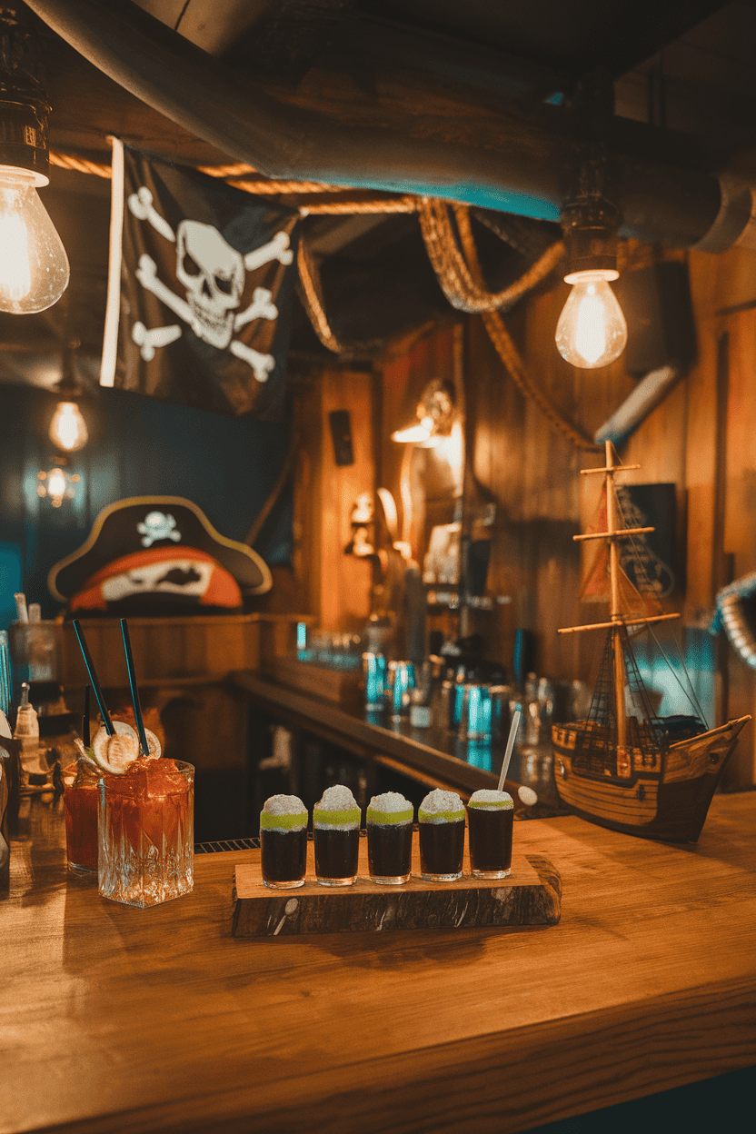 Indoor pirate-themed bar featuring dark rum and lime jello shots dusted with raw sugar, warm lighting, no branding