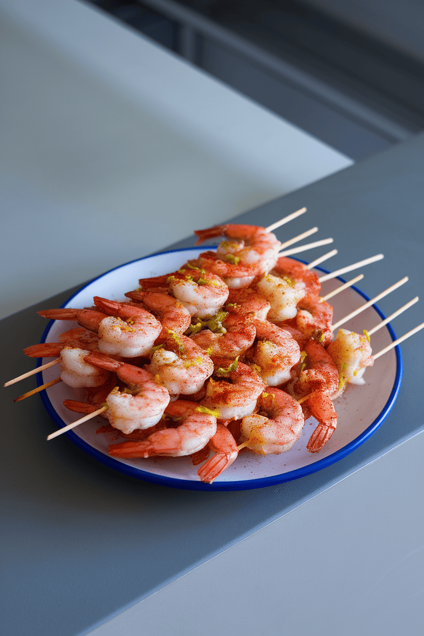 A plate on an indoor countertop with skewers of cooked shrimp dusted with chili powder and lime zest, no wording, no logos