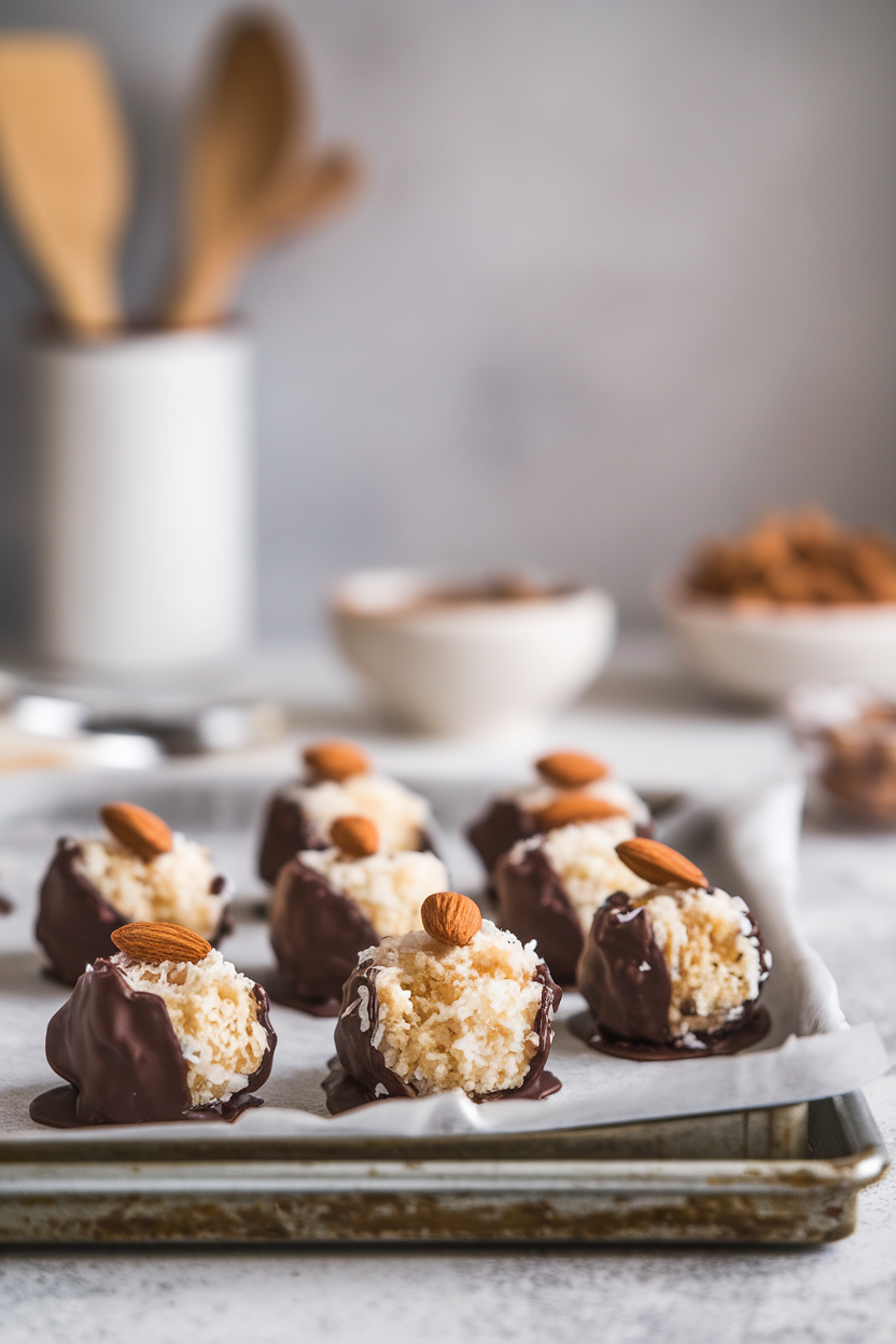 Indoor parchment-lined tray with coconut macaroons dipped in dark chocolate and topped with a single almond. No text or logos.