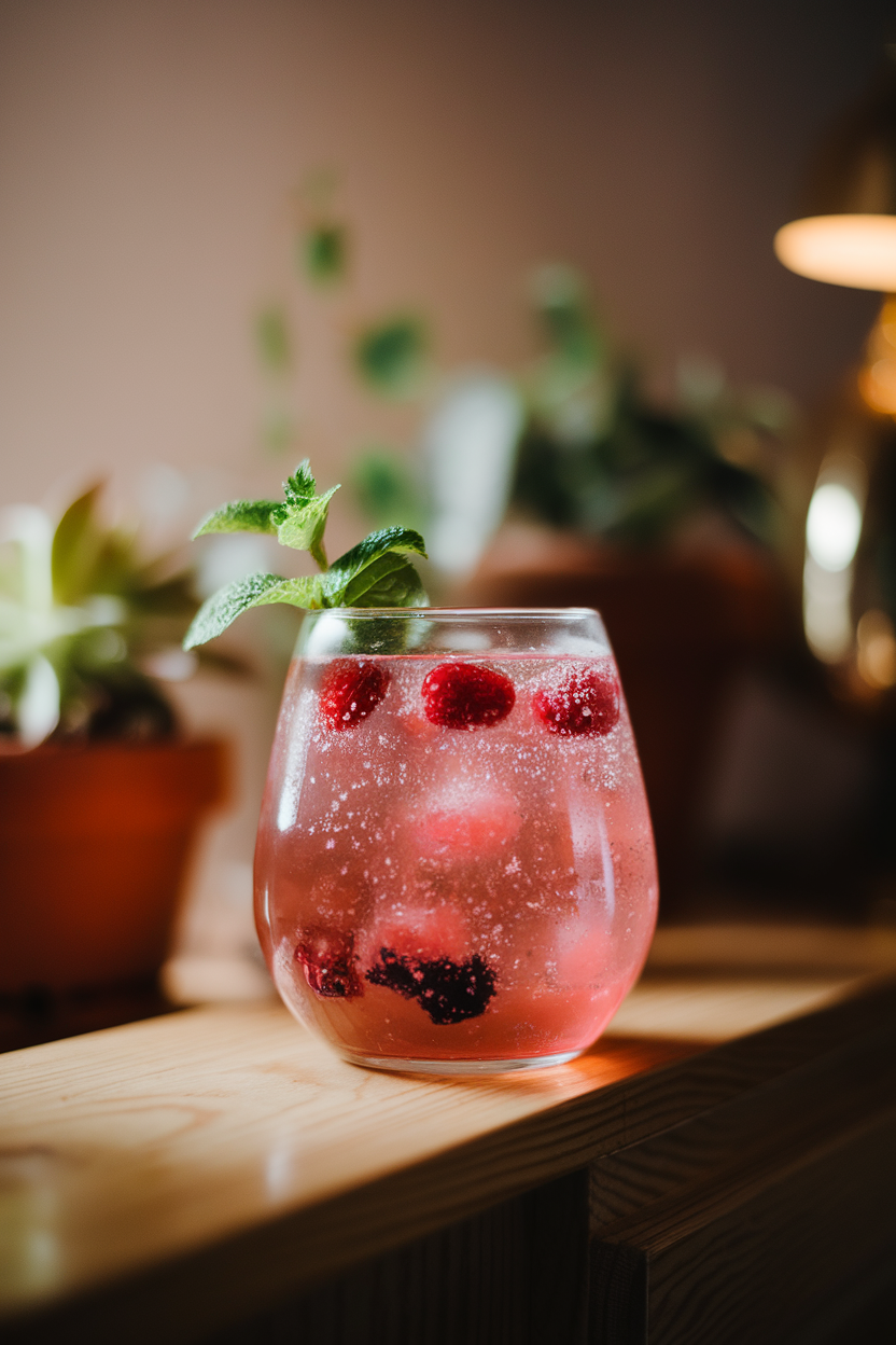 Indoor photo of a stemless wine glass containing a sparkling pink kombucha mocktail with floating berries and a sprig of mint. Soft bar lighting, no text or logos.