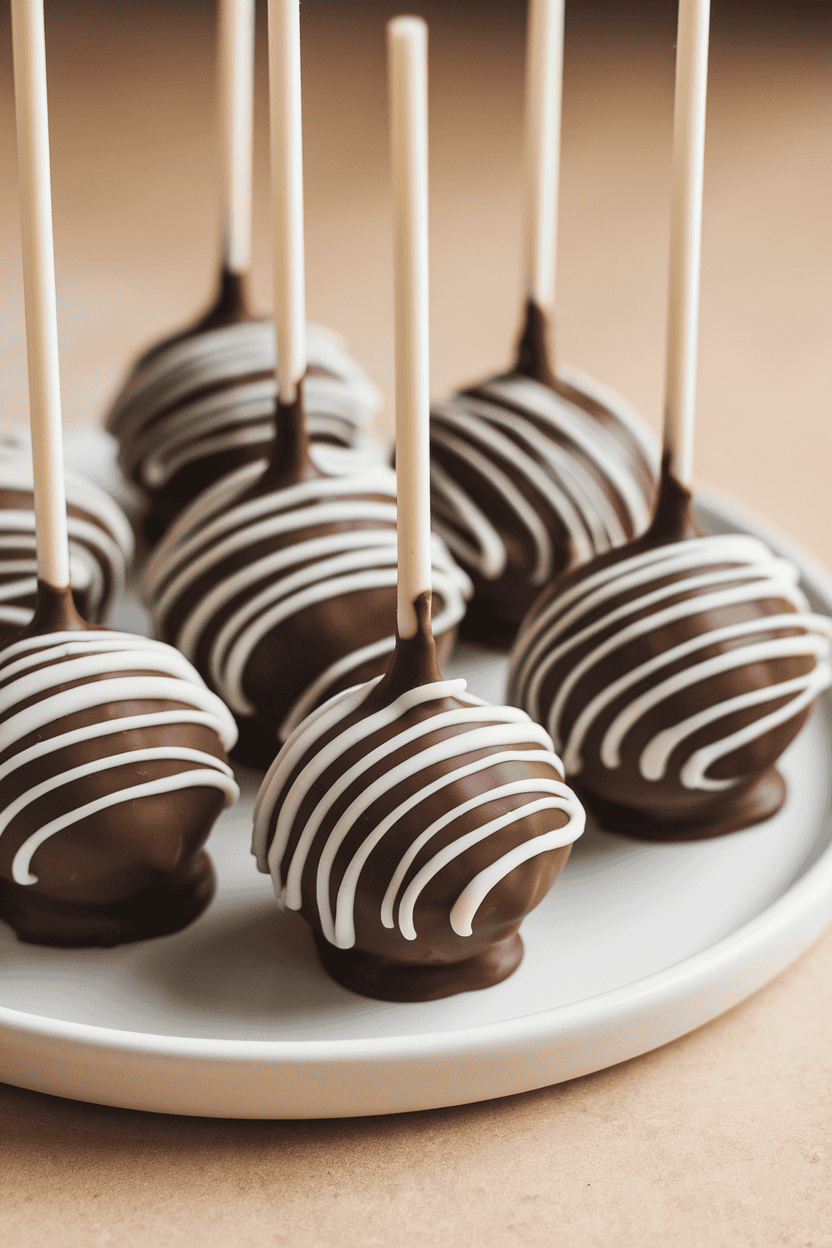 Milk-chocolate cake pops drizzled with thin white chocolate lines forming cobweb patterns, indoor studio lighting; no text or logos. Photo.