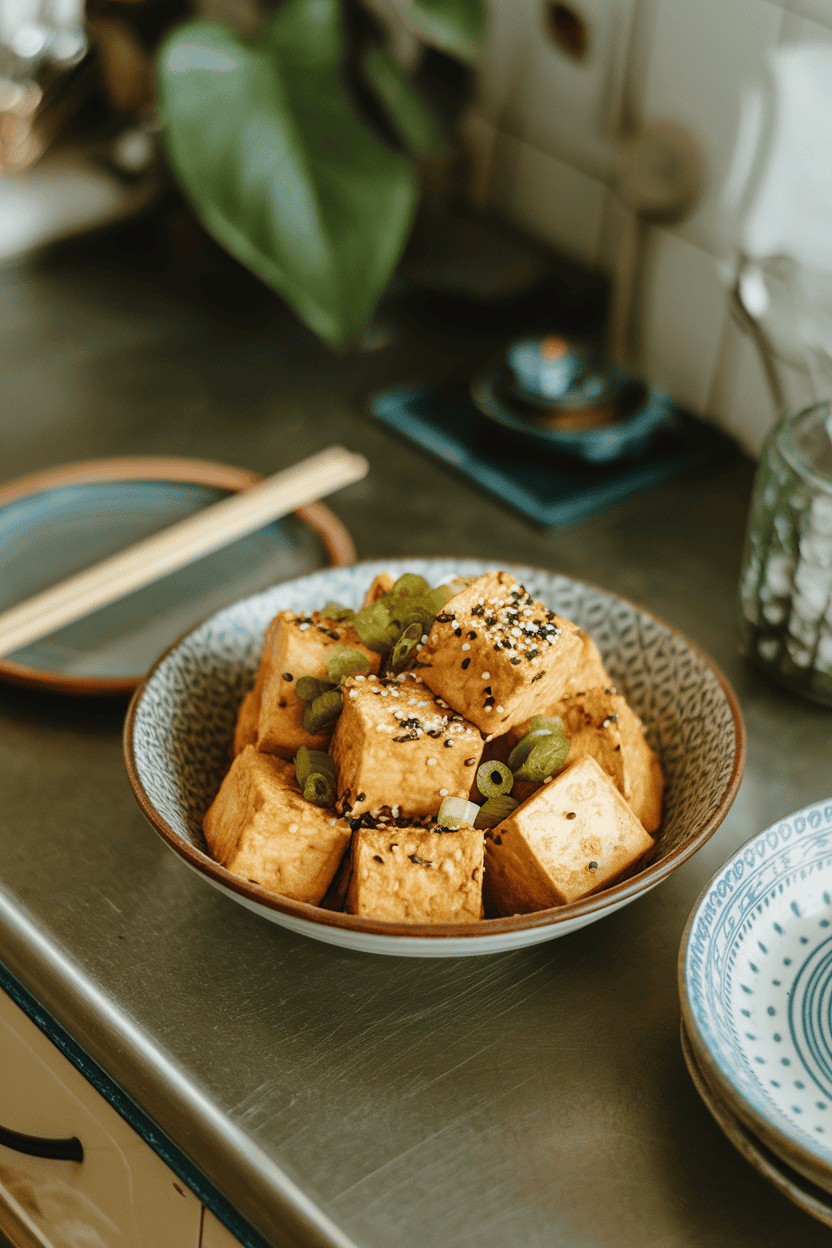 Indoor countertop scene with a bowl of golden baked tofu cubes garnished with sesame seeds and sliced scallions, no labels visible
