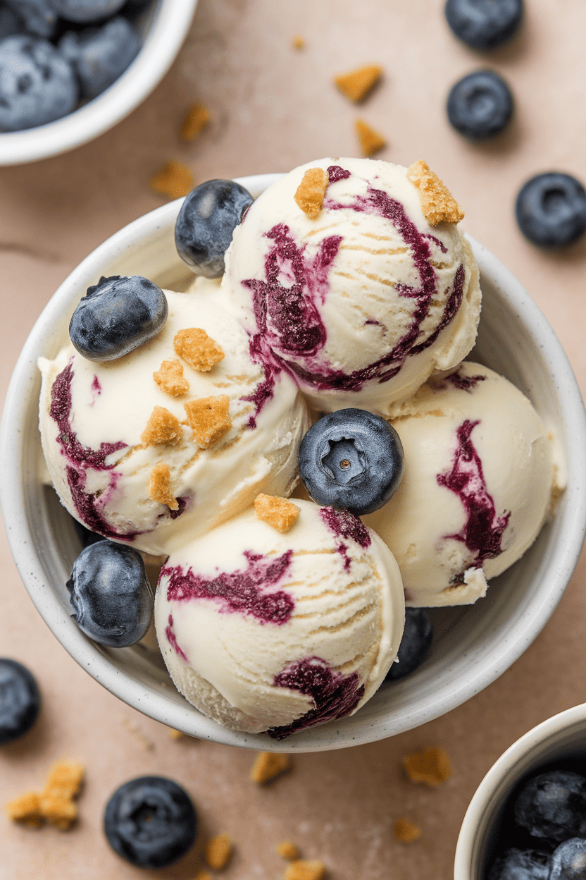 Indoor photo of scoops of blueberry cheesecake ice cream with swirls and graham crumbs, no text or logos
