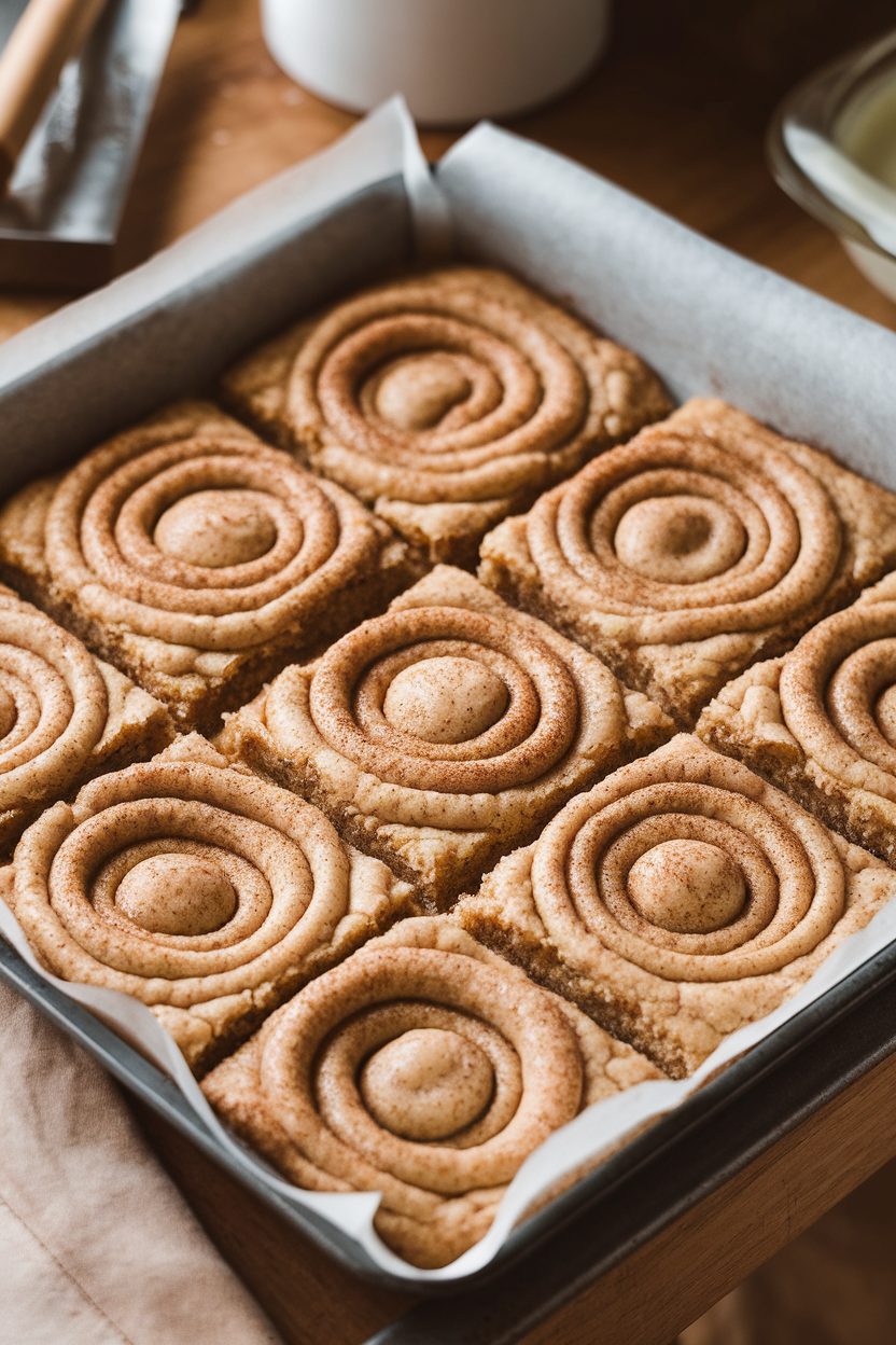 Indoor bakery sheet with square snickerdoodle bars, crackly cinnamon sugar crust visible. No text or logos.