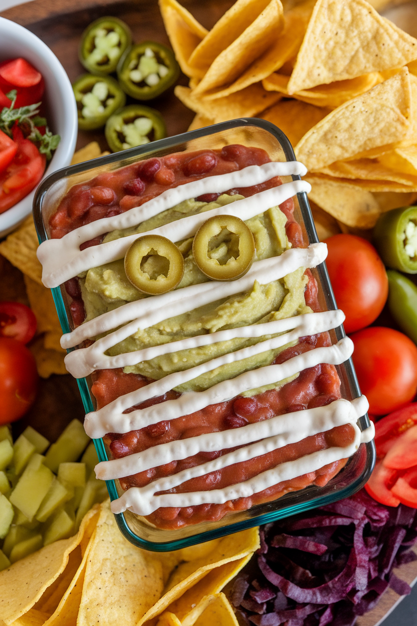 An indoor party tray with a rectangular glass dish layered with refried beans, guacamole, and sour cream stripes mimicking a mummy wrap, olive slices for eyes. Photo, no text or logos.