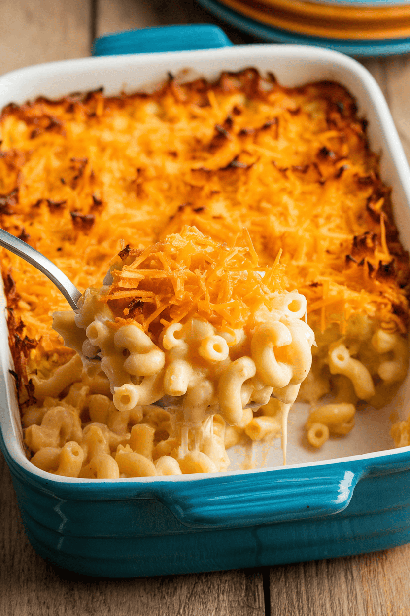 Indoor photo of a ceramic baking dish with bubbling mac and cheese, cheddar crust browned and crispy, a serving spoon breaking the surface. No text or logos visible.