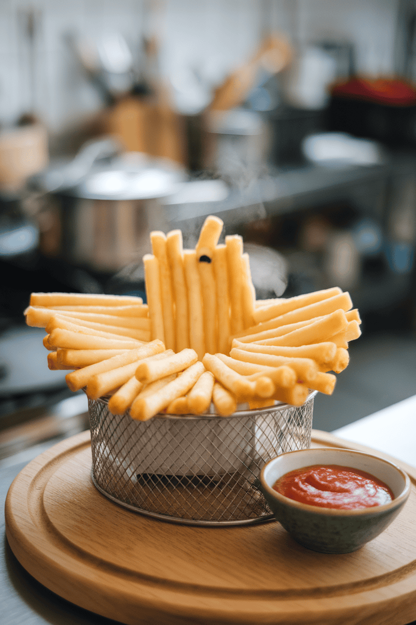 Indoor appetizer basket of golden mozzarella sticks arranged to form a ghost shape, side of marinara sauce, steam visible. Photograph; no text or logos.