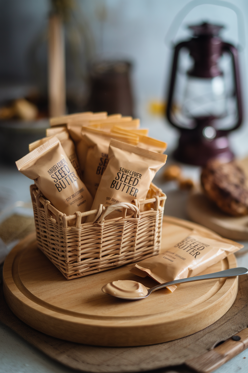 An indoor photo of a small basket filled with sunflower seed butter squeeze packs, one pack partially opened to show creamy texture on a spoon. No logos or text visible.