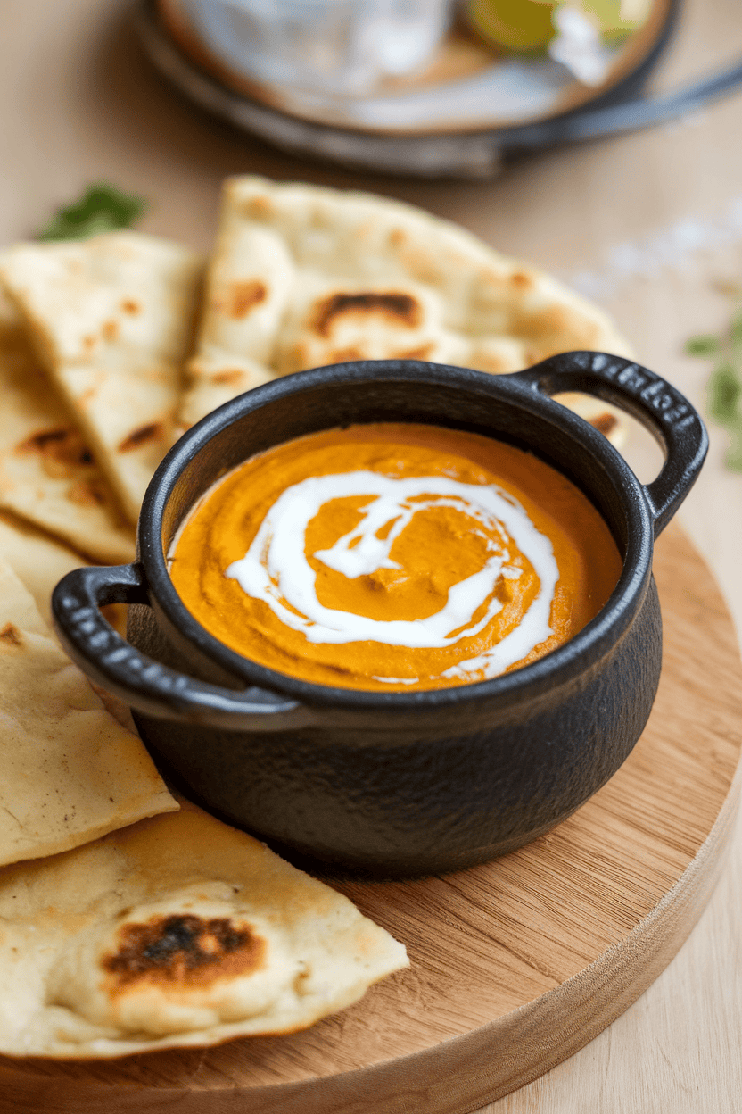 Indoor image of a small black cast-iron pot filled with golden curry cashew dip, topped with swirling coconut cream, served alongside naan wedges on a wooden board. No text or logos.