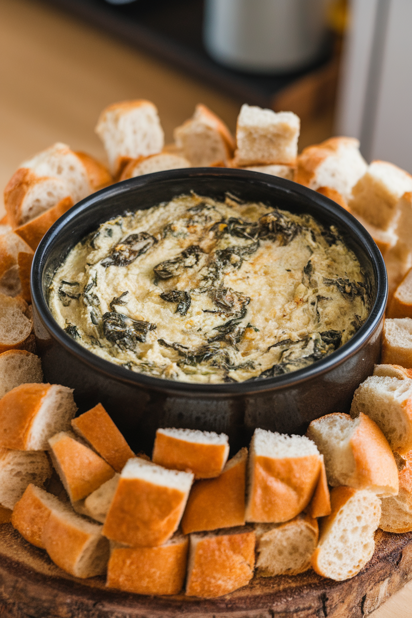 Black ceramic bowl indoors with bubbling spinach artichoke dip, bread cubes arranged like logs around it. No text or logos.