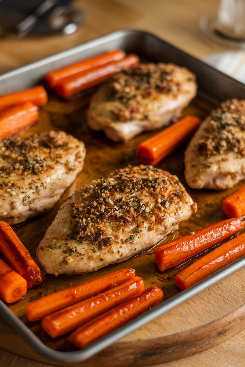 Indoor sheet pan featuring herb-crusted chicken breasts alongside caramelized carrot sticks. Warm lighting, no logos. Photo.