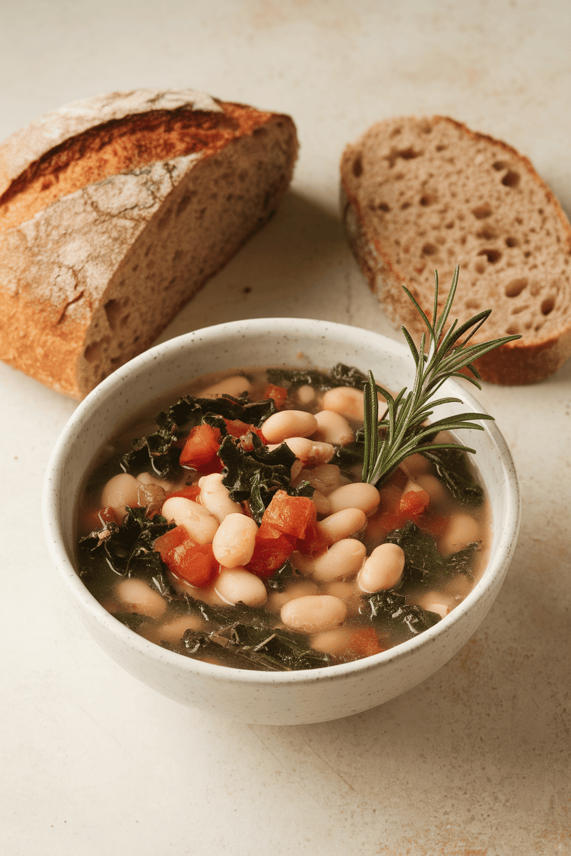 A rustic indoor bowl of white bean soup with kale ribbons and diced tomatoes, garnished with fresh rosemary. A slice of whole-grain bread rests nearby. No text or logos. Photo, not illustration.