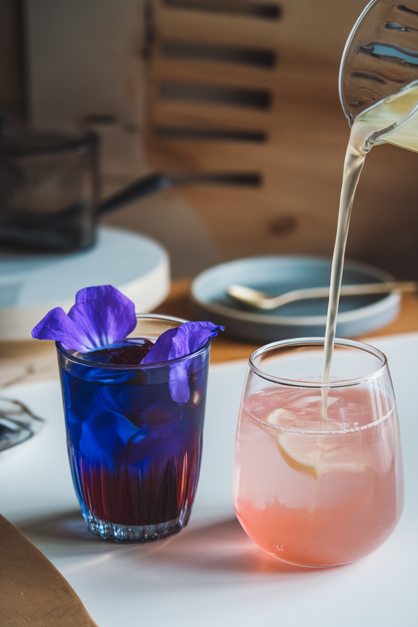 Indoor photo of two glasses: one deep indigo butterfly pea tea, the other pale pink after lemonade is poured in, showcasing the color change. No text or logos.