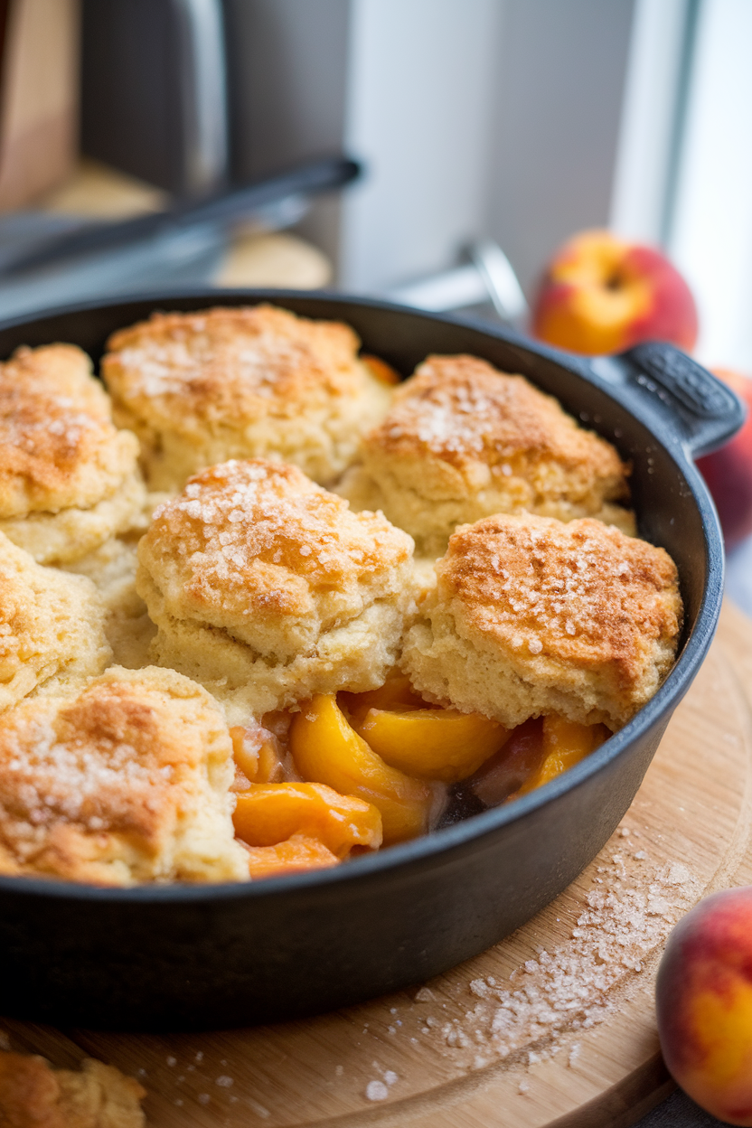 Indoor cast-iron dish of peach cobbler, golden biscuit topping dotted with coarse sugar crystals. No text or logos.