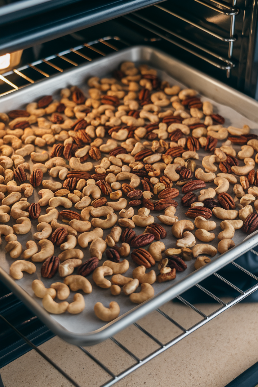 Indoor photo of a baking sheet of lightly roasted mixed nuts coming out of an oven; no text or logos