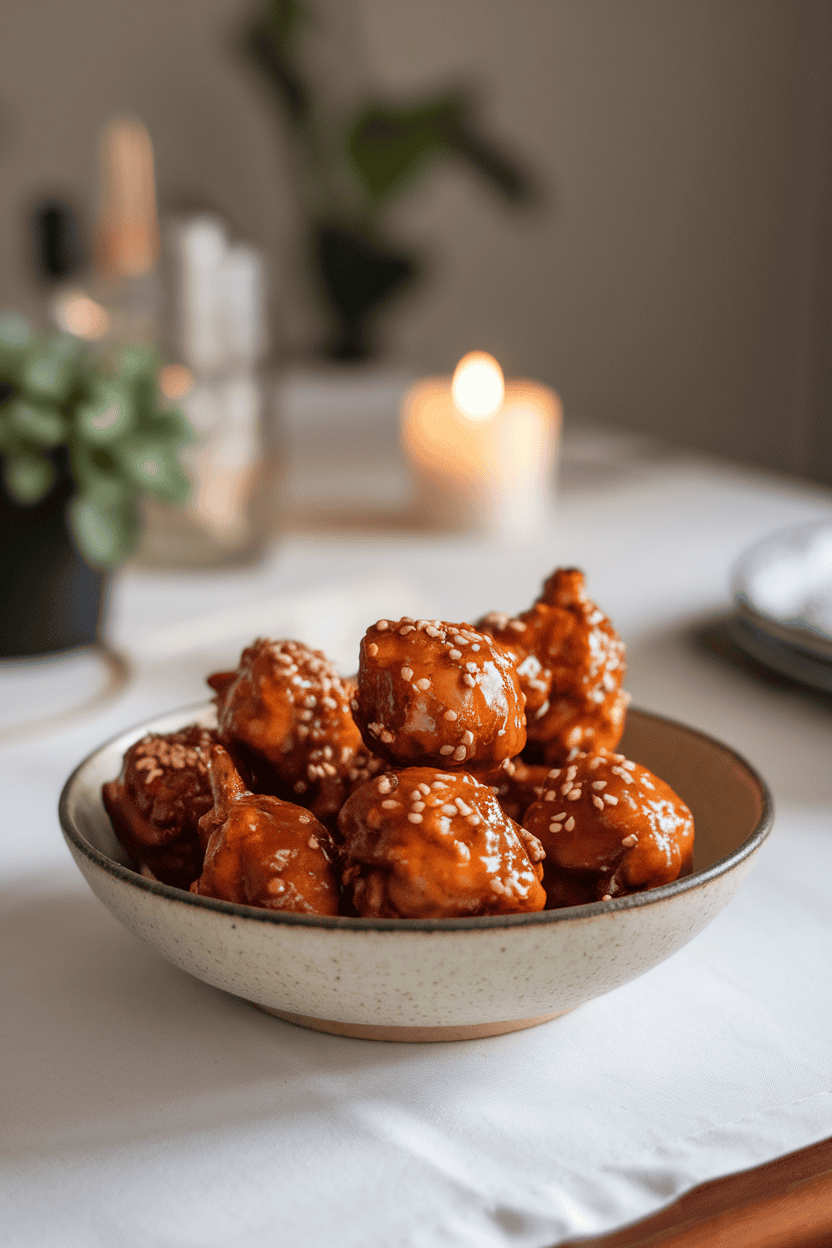 Indoor dining table featuring a bowl of glazed chicken drumettes coated in sticky soy-ginger sauce, sesame seeds sprinkled on top. No text or logos present. Photo, not illustration.