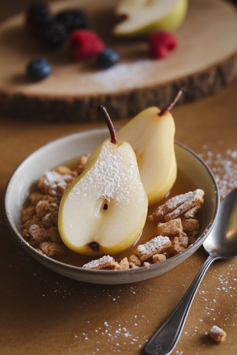 Warm indoor dessert setting with a shallow dish holding two halved poached pears glistening in pale vanilla syrup. No text or logos; photo only.