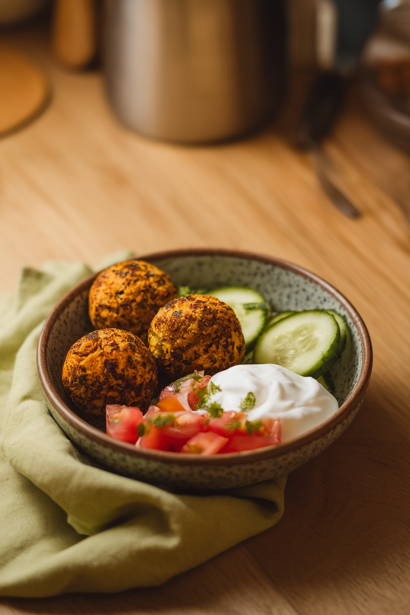 Photo of a bowl containing baked falafel balls, cucumber, tomato salad, and a dollop of yogurt, indoor setting. No text or logos visible.
