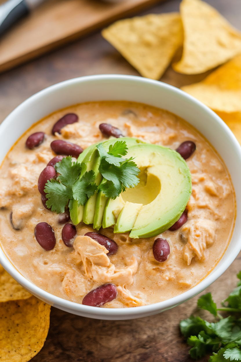 Indoor photo of creamy white chicken chili with beans, topped with avocado and cilantro, no text or logos. Photograph, not illustration.