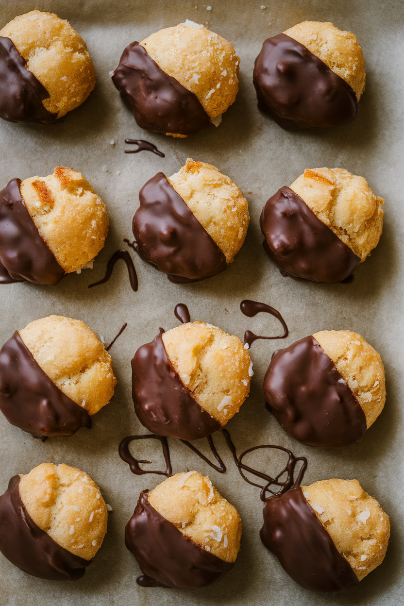 Indoor photo of coconut macaroons half-dipped in dark chocolate, set on parchment paper. No text or logos.