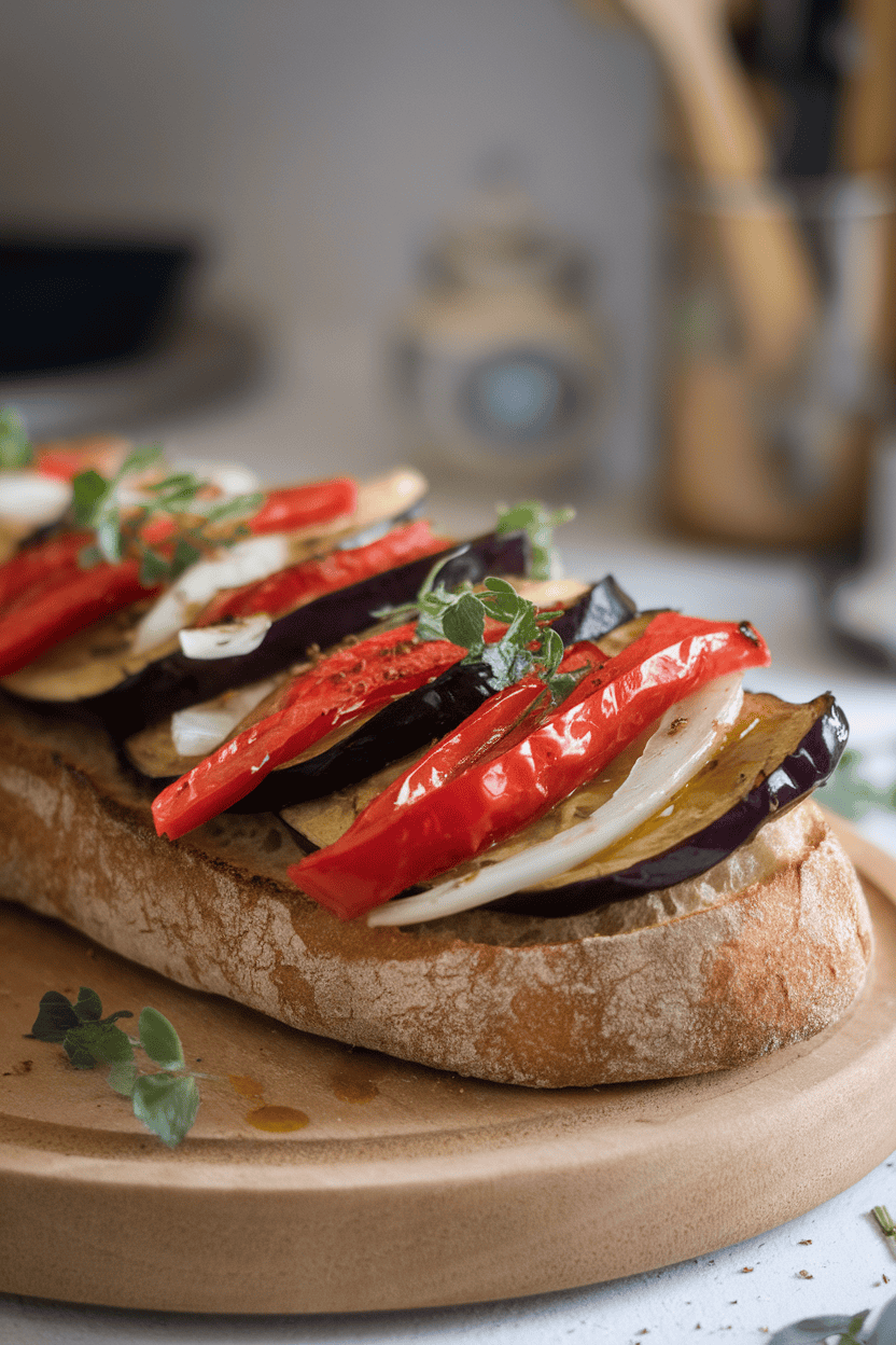 Indoor photo of crusty bread topped with strips of roasted red pepper, eggplant, and onion, drizzled with olive oil. No text or logos.