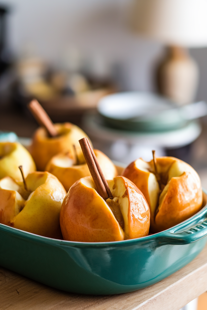 An indoor casserole dish showing whole baked apples, skins split and caramelized, cinnamon sticks tucked between the fruit. No text or logos.