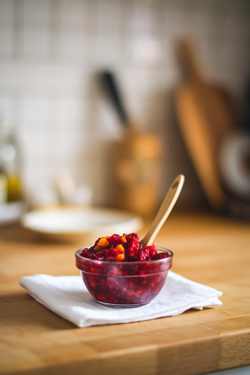 Photo of an indoor countertop showing a small bowl of chunky cranberry-orange relish with a wooden spoon; no text or logos