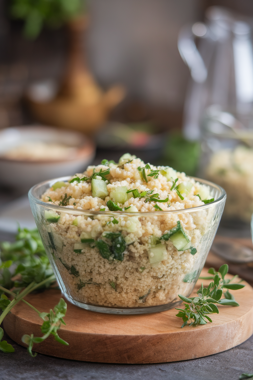 Photo of a glass bowl indoors with fluffy couscous tossed in lemon vinaigrette, chopped herbs, and diced cucumber. No text or logos.