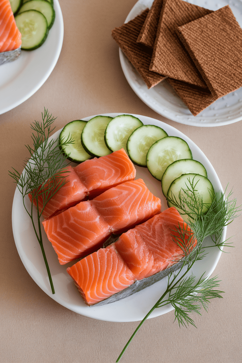 Indoor tabletop photo of cooked, flaky smoked salmon pieces beside cucumber rounds and rye crispbread squares, garnished with dill sprigs; no text or logos.