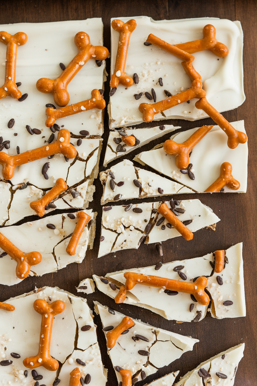 Indoor slab of white chocolate bark studded with pretzel stick “bones” and black sesame “cracks,” broken into pieces. Photo only, no text or logos.